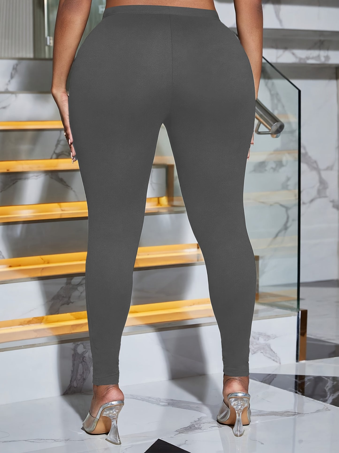 Plus Size Solid Color High Waist Leggings, High Stretch Skinny Ripped Leggings