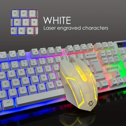 Rainbow Backlit Wired Gaming Keyboard and Mouse Set, 19-Key Rollover, Adjustable Brightness, 2 Lighting Modes, Ergonomic Design, Hotkeys, Media Keys, USB Powered, No Battery