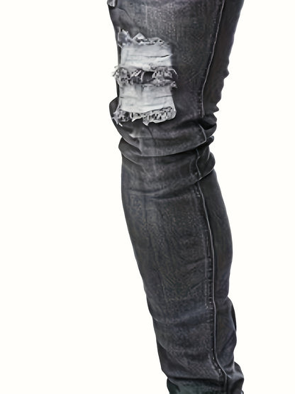 Mid Stretch Slim Fit Ripped Cotton Jeans, Men's Street Style Distressed Denim Pants