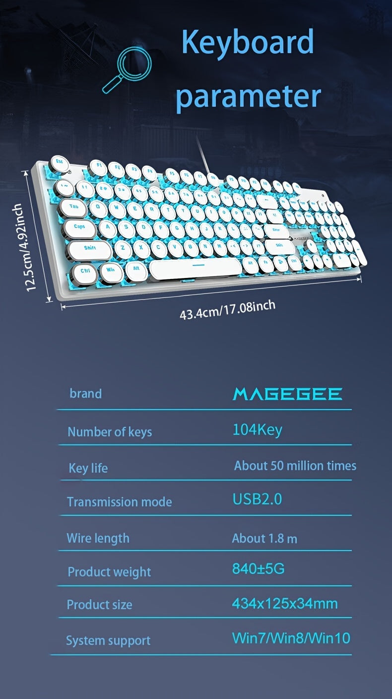Mechanical Gaming Keyboard with Blue Switches - Round LED Backlit Keycaps, Wired USB Connectivity for Enhanced Gaming