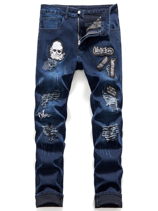 Medium Stretch Men's Patchwork Jeans, Casual Street Style Denim Pants