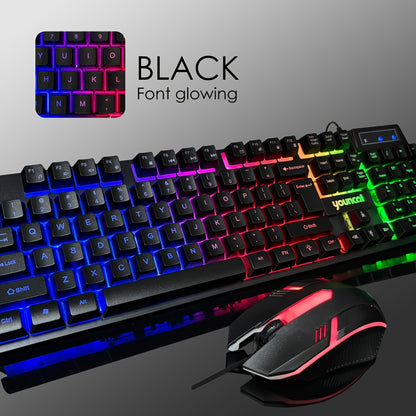 Rainbow Backlit Wired Gaming Keyboard and Mouse Set, 19-Key Rollover, Adjustable Brightness, 2 Lighting Modes, Ergonomic Design, Hotkeys, Media Keys, USB Powered, No Battery