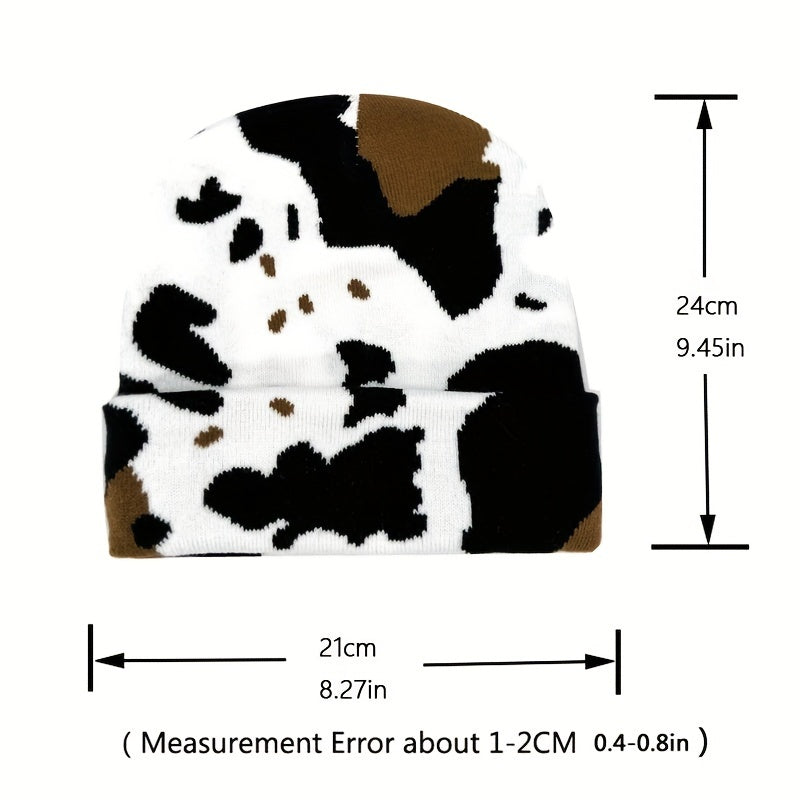 1pc Winter Cow Print  Beanie , Thicken Warm Skullies