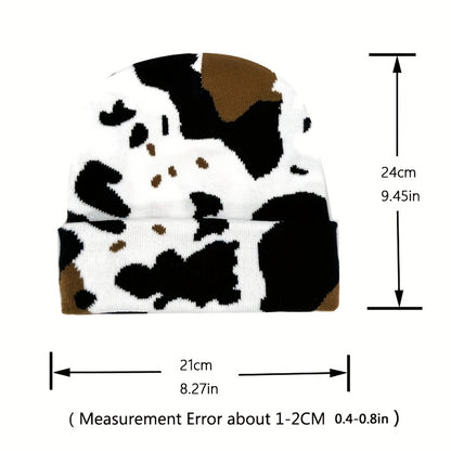1pc Winter Cow Print  Beanie , Thicken Warm Skullies