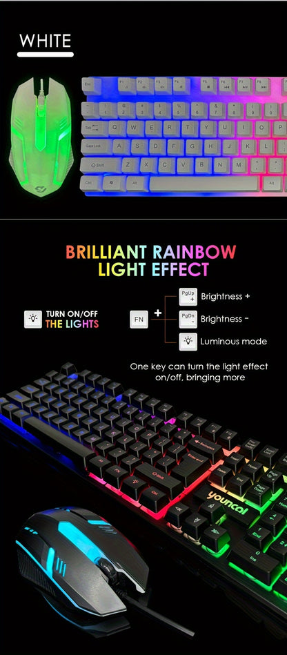 Rainbow Backlit Wired Gaming Keyboard and Mouse Set, 19-Key Rollover, Adjustable Brightness, 2 Lighting Modes, Ergonomic Design, Hotkeys, Media Keys, USB Powered, No Battery
