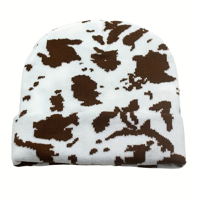 1pc Winter Cow Print  Beanie , Thicken Warm Skullies