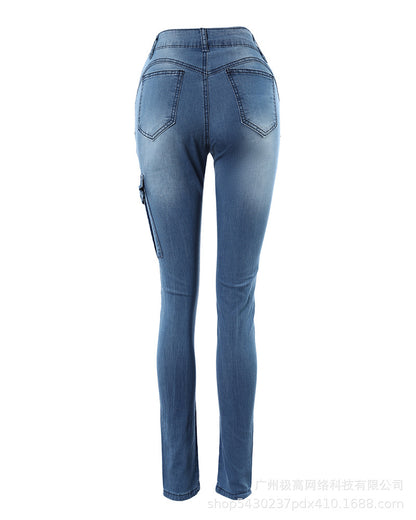 Women's Denim Pants Fashion Solid Color Buttoned Pocket Zipper Design High Waist Casual Daily Skinny Jeans