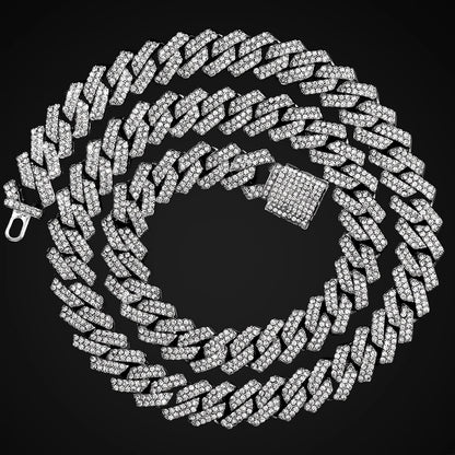 Men Women 14MM Prong Cuban Link Chain Necklace Bling Iced Out 2 Row Rhinestone Cuban Necklace Jewelry