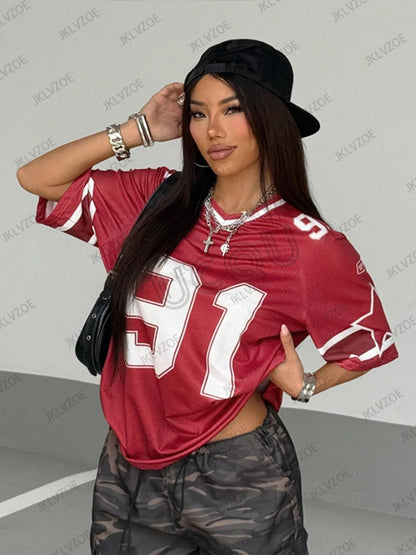 Summer New Black Speed 91 Print T-Shirt For Women V-Neck Patchwork Short Sleeve Sports Football Jersey Y2K Loose Oversized Tops