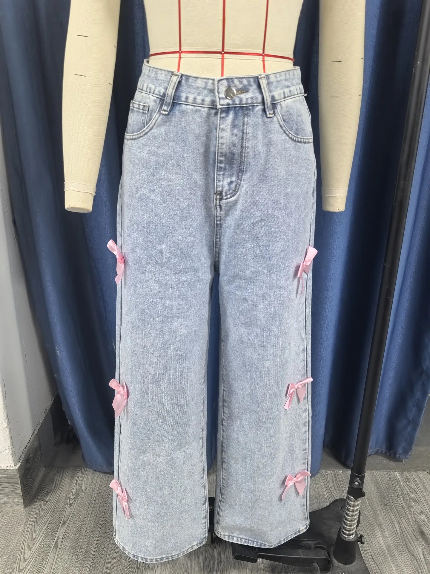 Women Jeans Wide Leg Pants Bow Washed High Waist Streetwear Denims Vintage Straight Ankle Length