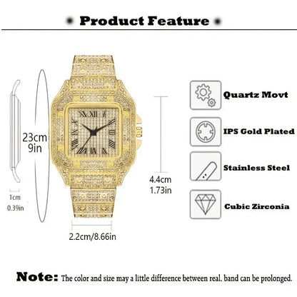 Classic Luxury Business Men's Steel Strap Square Roman Scale Rhinestone Quartz Watch