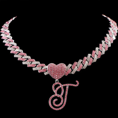 Hip Hop Bling Pink Crystal Cursive Initial Letter Cuban Necklace for Women Iced Out Paved Cuban Chain Necklace Choker Jewelry