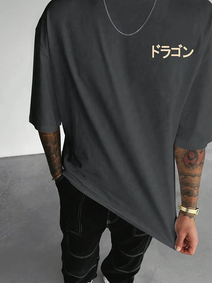 Men's Cotton Fashionable Casual Loose Japanese Anime Dragon Pattern Printed Round Neck Short Sleeve T-shirt Top