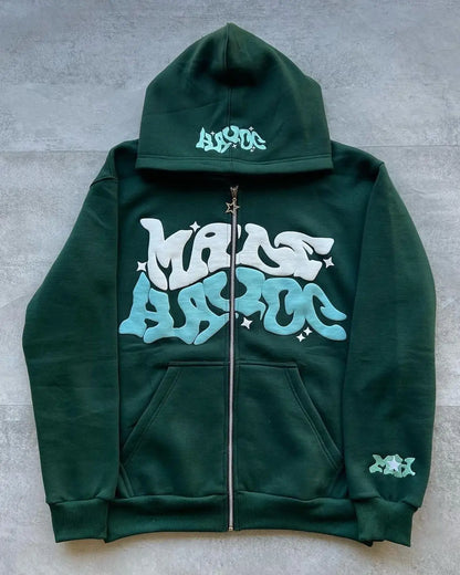Y2k American Colorful Letter Print Zipper Hoodie Men Fashion High Street Oversized Sweatshirt Women Retro Casual Jacket