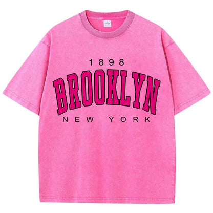 Womans Cotton Washed T-Shirts Fashion Loose O-Neck Short Sleeve Brooklyn New York Printing Tops Female Clothes