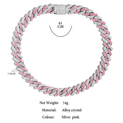 Hip Hop Bling Pink Crystal Cursive Initial Letter Cuban Necklace for Women Iced Out Paved Cuban Chain Necklace Choker Jewelry