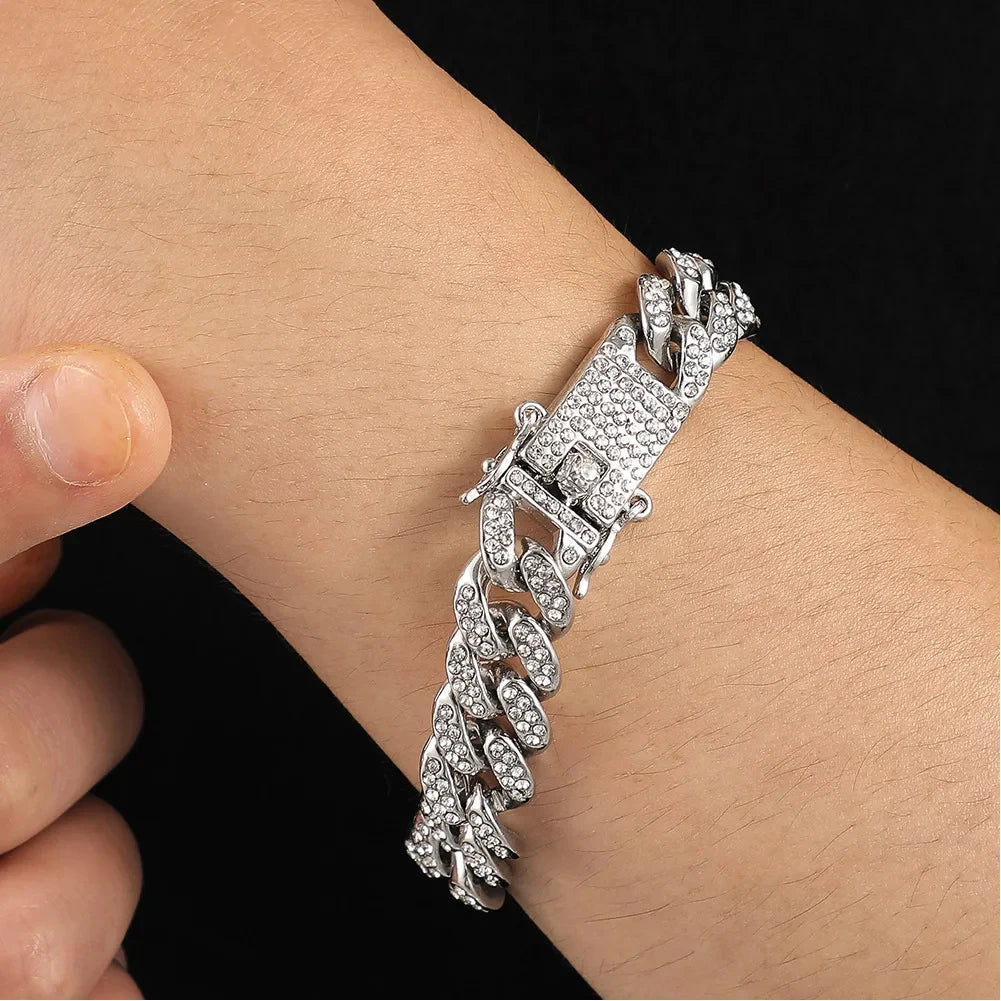 New Miami Iced Out Cuban Link Chain Bracelet For Men&Women Full Rhinestones Charms Hip Hop Jewelry 13mm Crystal Chain Party Gift