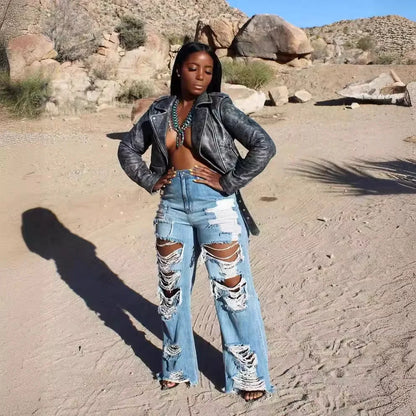 Jeans Women Long Pants Elegant Splice Denim Pant Slim Fit High Waist Button Pocket Straight T