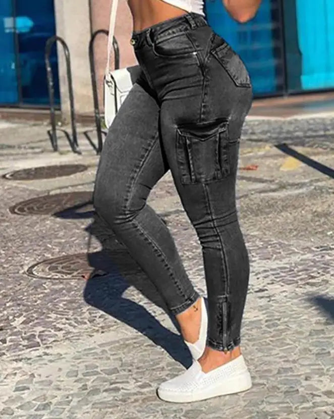 Women's Denim Pants Fashion Solid Color Buttoned Pocket Zipper Design High Waist Casual Daily Skinny Jeans