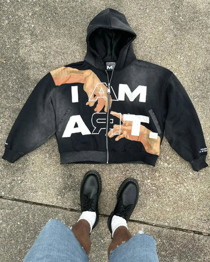 Trendy Streetwear Y2K Harajuku Retro Letter Print Zipper Hoodie Men's Punk Casual Colorful Oversized Sweatshirt