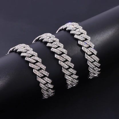 Men Women 14MM Prong Cuban Link Chain Necklace Bling Iced Out 2 Row Rhinestone Cuban Necklace Jewelry