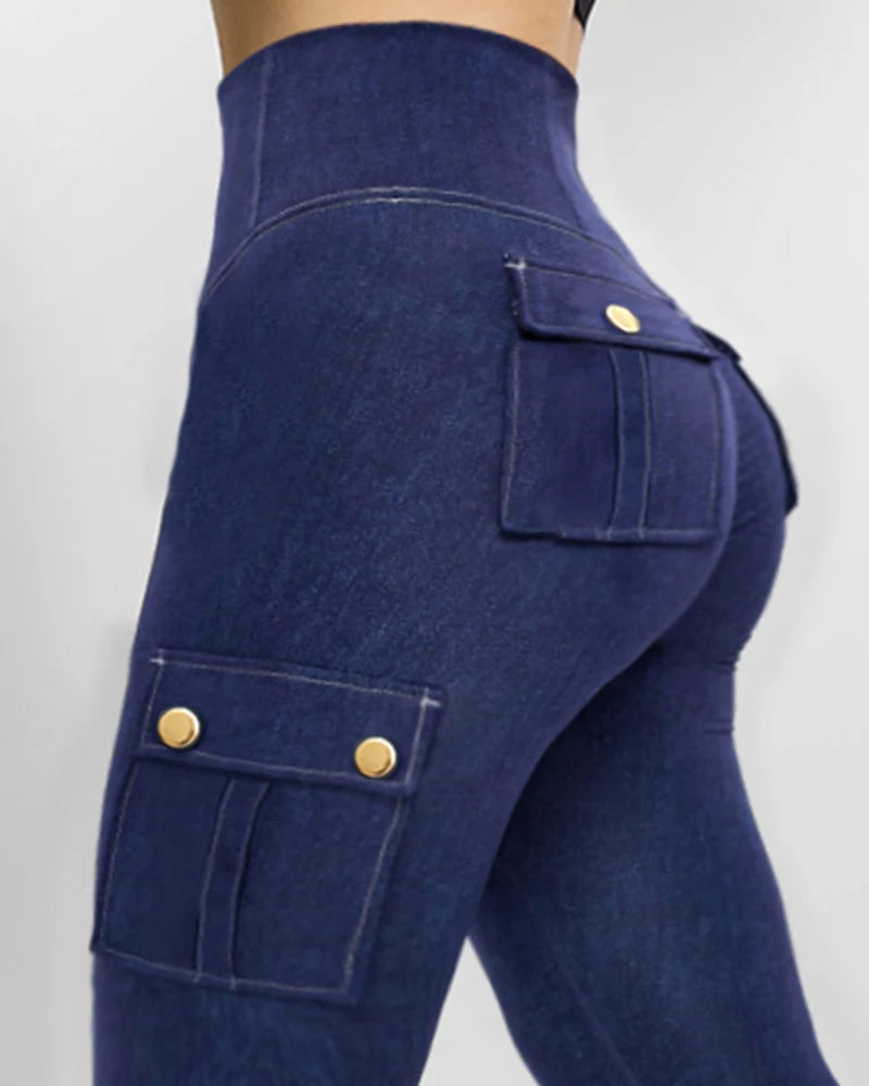 Women's Denim Pants Fashion Solid Color Buttoned Pocket Zipper Design High Waist Casual Daily Skinny Jeans