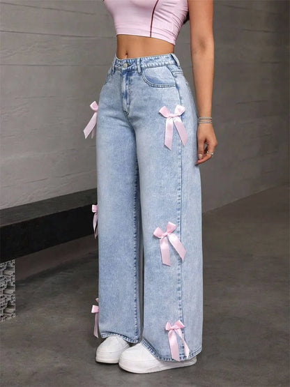 Women Jeans Wide Leg Pants Bow Washed High Waist Streetwear Denims Vintage Straight Ankle Length