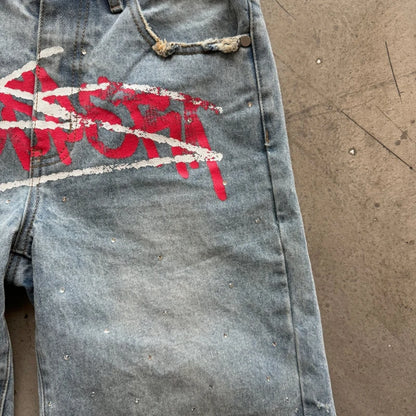 Y2K Graffiti Jorts s Men Women TRhinestone Distressed Printed Denim Shortrend Streetwear Unisex Baggy Short Pants