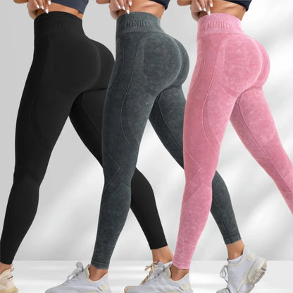 Women Seamless Gym High Waist Yoga Pants Lifting Outdoor Sports Tight Waist Letter Sand Washed Pants Exercise Yoga Leggings
