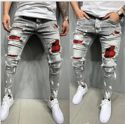 Jeans Pencil Pants Holes Distressed Men Streetwear Denims Mid Waist Slim Fit Washed Denim Ankle Length