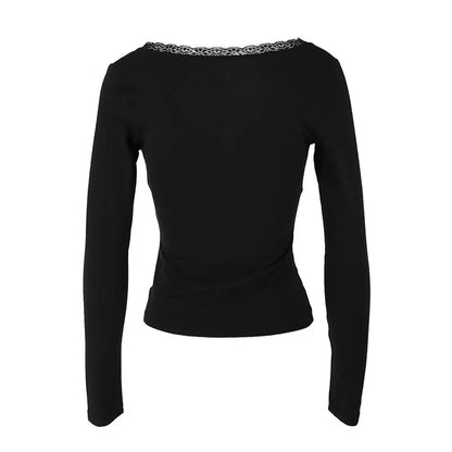 Women's T-shirtBlack Sexy V-Neck Lace T-shirt Streetwear Fashion Long Sleeves Female Versatile Casual Slim Tees Top