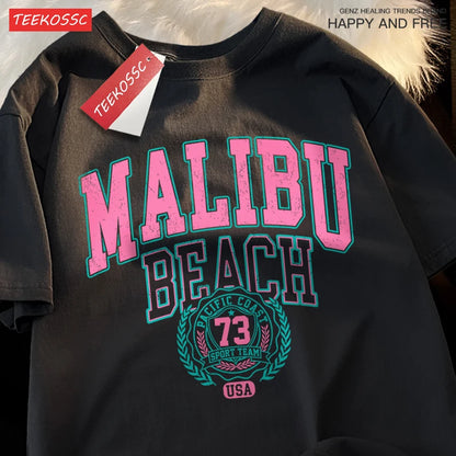 Malibu Beach Simple Letter Printing Print  Women Top Fashion T Shirt Cotton Loose T-Shirt Casual O-Neck Clothes Oversize Top