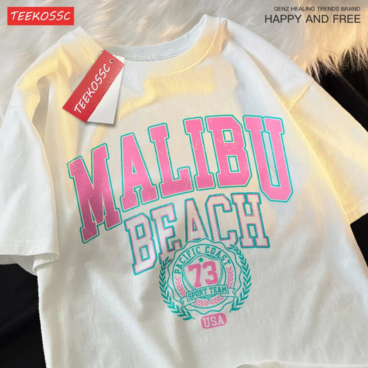 Malibu Beach Simple Letter Printing Print  Women Top Fashion T Shirt Cotton Loose T-Shirt Casual O-Neck Clothes Oversize Top