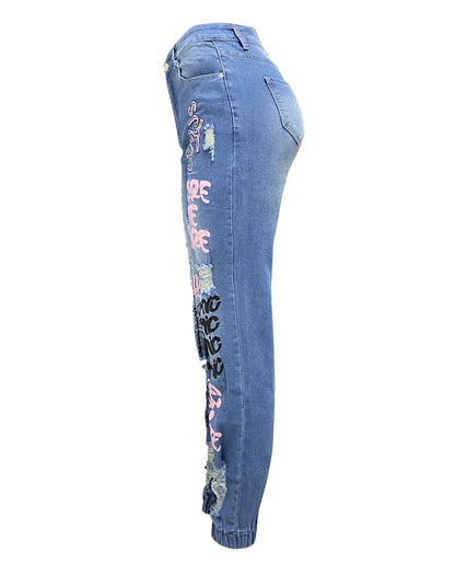 Women Denim Jeans Ankle Length Print Pants Pockets Slim