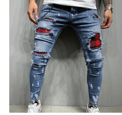Jeans Pencil Pants Holes Distressed Men Streetwear Denims Mid Waist Slim Fit Washed Denim Ankle Length