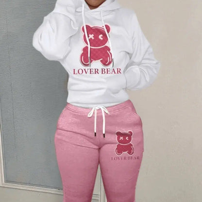 women's loose and fashionable plus size cartoon bear print hooded sweater+woolen pants set