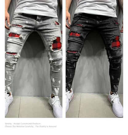 Jeans Pencil Pants Holes Distressed Men Streetwear Denims Mid Waist Slim Fit Washed Denim Ankle Length