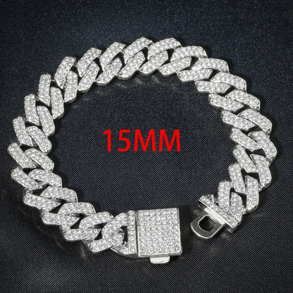 3pcs Cuban Chain Watch for Men  Miami Curb Iced Out Paved Rhinestones Rapper Cuban Necklace Suit Watch+Bracelet Jewelry