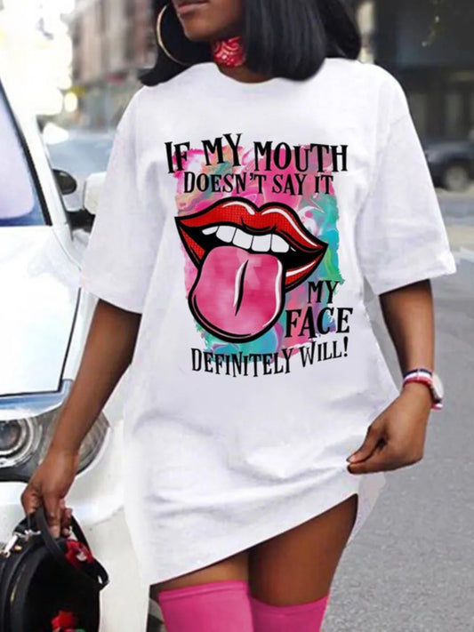 Women's fashion loose plus size letter lip print printed short sleeved T-shirt dress
