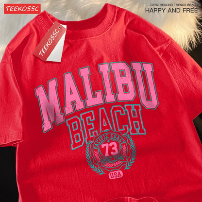 Malibu Beach Simple Letter Printing Print  Women Top Fashion T Shirt Cotton Loose T-Shirt Casual O-Neck Clothes Oversize Top
