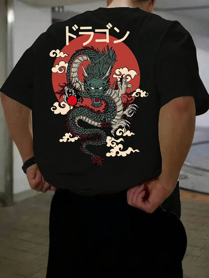 Men's Cotton Fashionable Casual Loose Japanese Anime Dragon Pattern Printed Round Neck Short Sleeve T-shirt Top