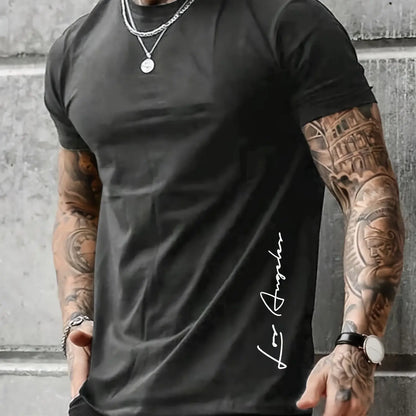 Men's 100 cotton summer loose Contrast Color  los Angelest print slim fit casual round neck short sleeved T-shirt