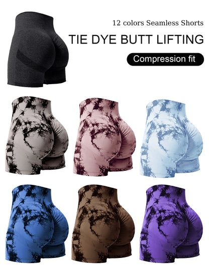 2PCS Tie Dye Butt Lifting Gym Shorts Woman Skinny Stretch High Waist Sport Shorts Casual Seamless