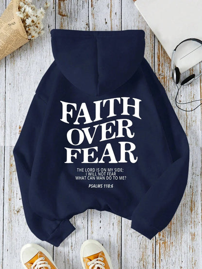 Casual Women's Hoodies Faith Over Fear Letter Printing Sweatshirts Fleece Warm Comfortable Pocket Streetwear