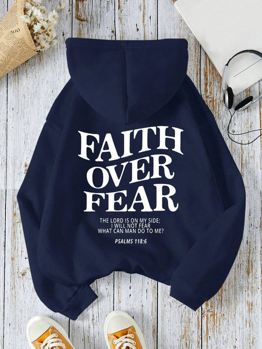 Casual Women's Hoodies Faith Over Fear Letter Printing Sweatshirts Fleece Warm Comfortable Pocket Streetwear