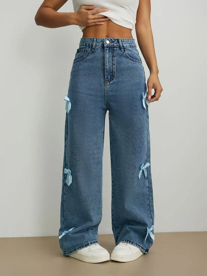 Women Jeans Wide Leg Pants Bow Washed High Waist Streetwear Denims Vintage Straight Ankle Length