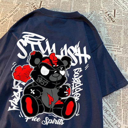 Exploding Black Puppet Bear MenT-Shirts High Quality Cotton Tops Loose T Shirts