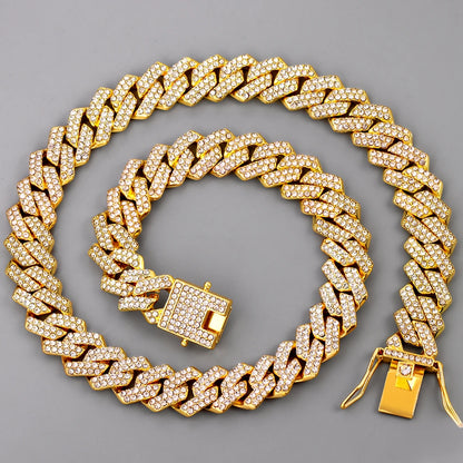 Men Women 14MM Prong Cuban Link Chain Necklace Bling Iced Out 2 Row Rhinestone Cuban Necklace Jewelry