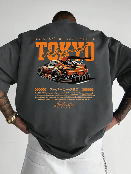Men's 100% Cotton Fashionable Casual Loose Large Size Japanese Tokyo Pattern Printed Round Neck Short Sleeve T-shirt Top