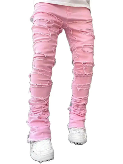 Men's Stacked Jeans Ripped Slim Fit Pht Denim Jeans